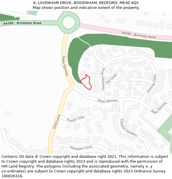 6, LAVENHAM DRIVE, BIDDENHAM, BEDFORD, MK40 4QX: Location map and indicative extent of plot