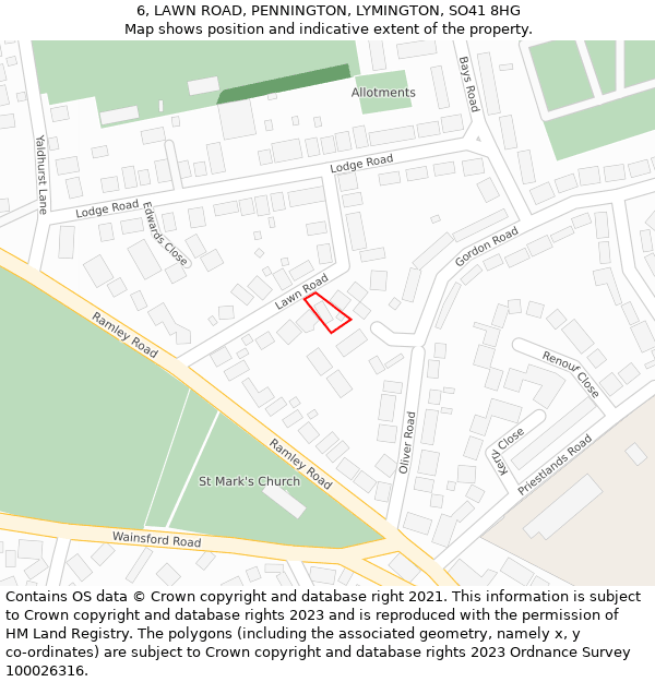 6, LAWN ROAD, PENNINGTON, LYMINGTON, SO41 8HG: Location map and indicative extent of plot