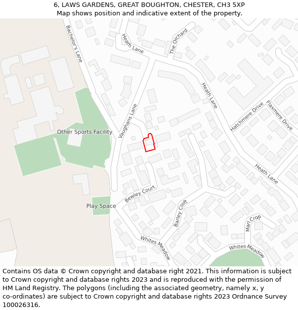 6, LAWS GARDENS, GREAT BOUGHTON, CHESTER, CH3 5XP: Location map and indicative extent of plot