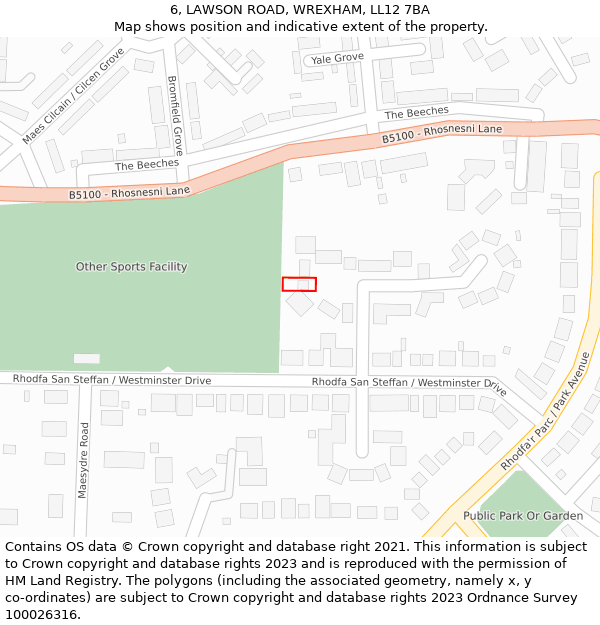 6, LAWSON ROAD, WREXHAM, LL12 7BA: Location map and indicative extent of plot