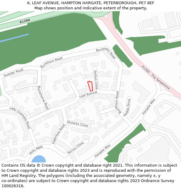 6, LEAF AVENUE, HAMPTON HARGATE, PETERBOROUGH, PE7 8EF: Location map and indicative extent of plot