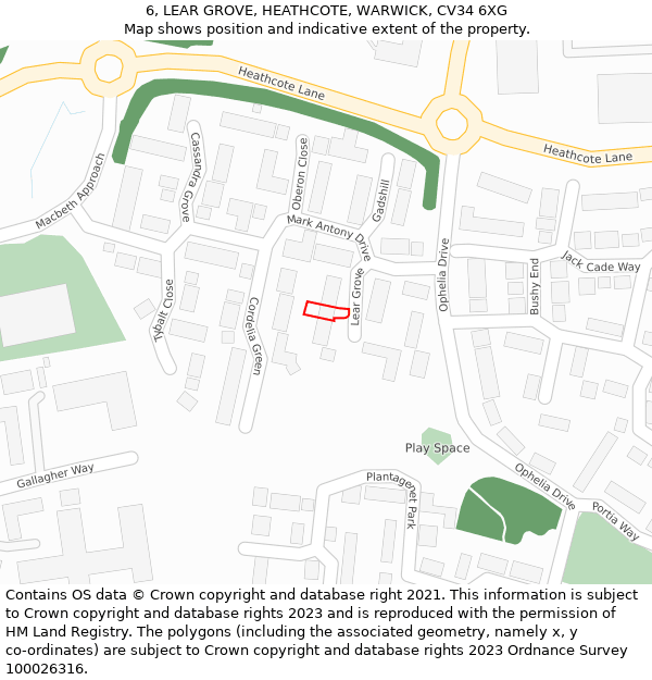 6, LEAR GROVE, HEATHCOTE, WARWICK, CV34 6XG: Location map and indicative extent of plot