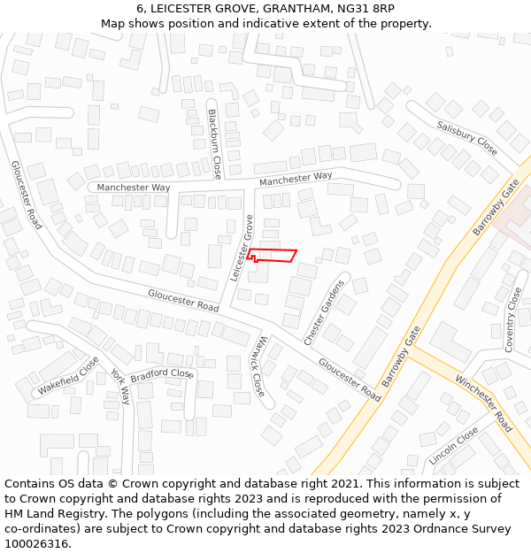 6, LEICESTER GROVE, GRANTHAM, NG31 8RP: Location map and indicative extent of plot