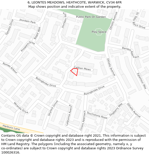 6, LEONTES MEADOWS, HEATHCOTE, WARWICK, CV34 6FR: Location map and indicative extent of plot