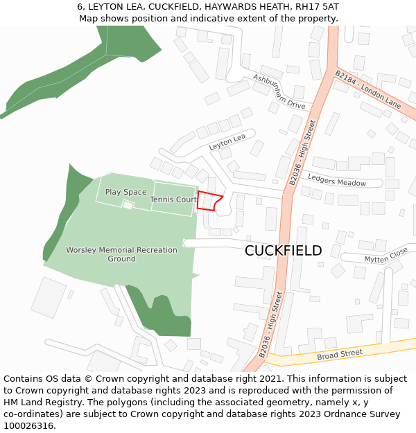 6, LEYTON LEA, CUCKFIELD, HAYWARDS HEATH, RH17 5AT: Location map and indicative extent of plot