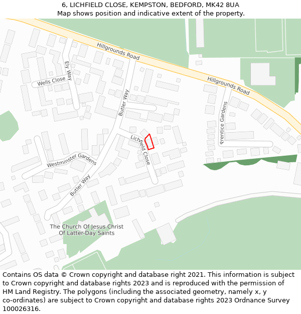 6, LICHFIELD CLOSE, KEMPSTON, BEDFORD, MK42 8UA: Location map and indicative extent of plot