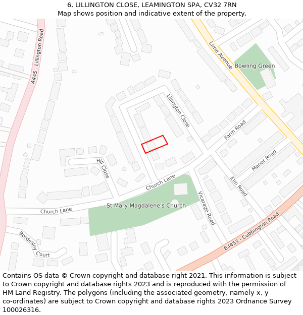 6, LILLINGTON CLOSE, LEAMINGTON SPA, CV32 7RN: Location map and indicative extent of plot