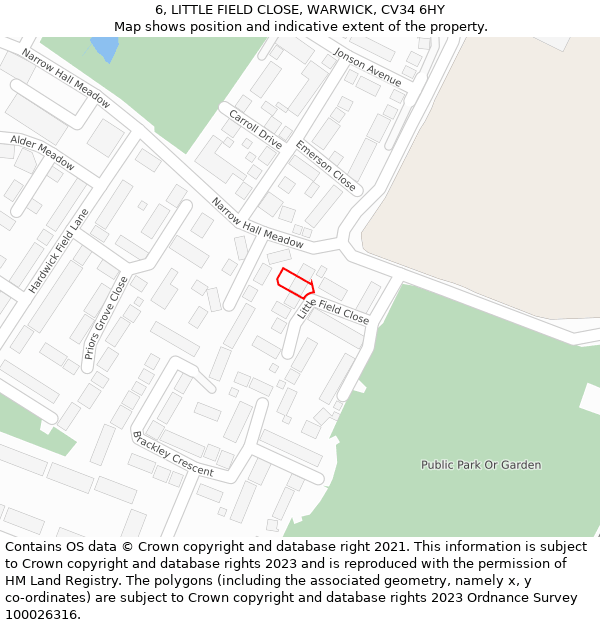 6, LITTLE FIELD CLOSE, WARWICK, CV34 6HY: Location map and indicative extent of plot