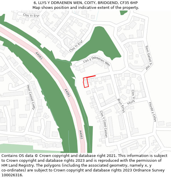 6, LLYS Y DDRAENEN WEN, COITY, BRIDGEND, CF35 6HP: Location map and indicative extent of plot