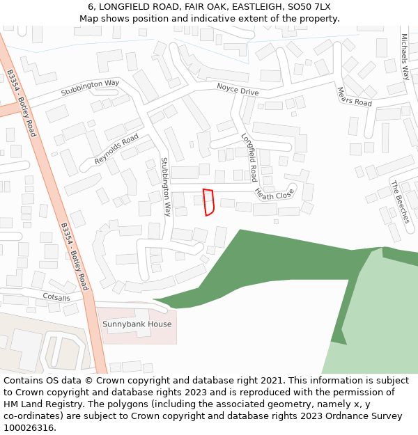 6, LONGFIELD ROAD, FAIR OAK, EASTLEIGH, SO50 7LX: Location map and indicative extent of plot