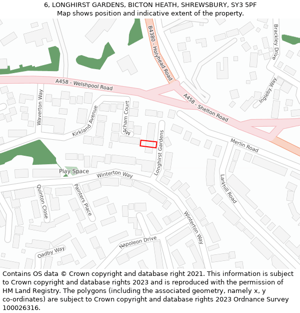 6, LONGHIRST GARDENS, BICTON HEATH, SHREWSBURY, SY3 5PF: Location map and indicative extent of plot