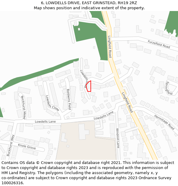 6, LOWDELLS DRIVE, EAST GRINSTEAD, RH19 2RZ: Location map and indicative extent of plot