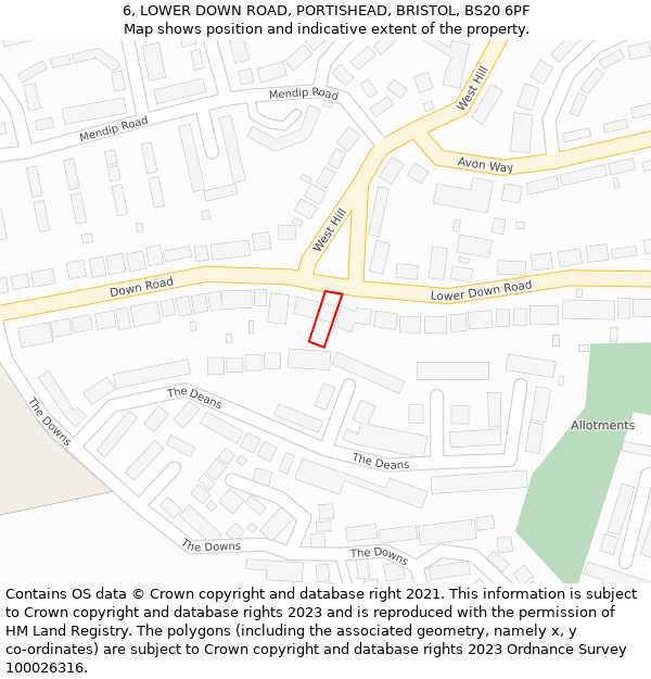 6, LOWER DOWN ROAD, PORTISHEAD, BRISTOL, BS20 6PF: Location map and indicative extent of plot