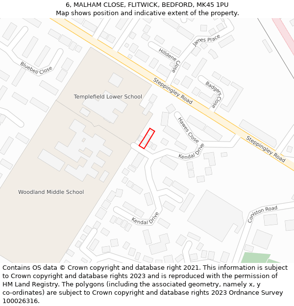 6, MALHAM CLOSE, FLITWICK, BEDFORD, MK45 1PU: Location map and indicative extent of plot