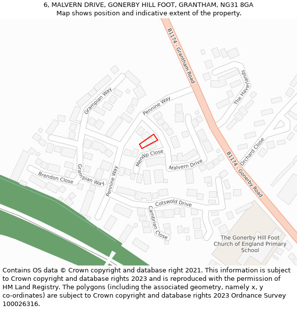 6, MALVERN DRIVE, GONERBY HILL FOOT, GRANTHAM, NG31 8GA: Location map and indicative extent of plot