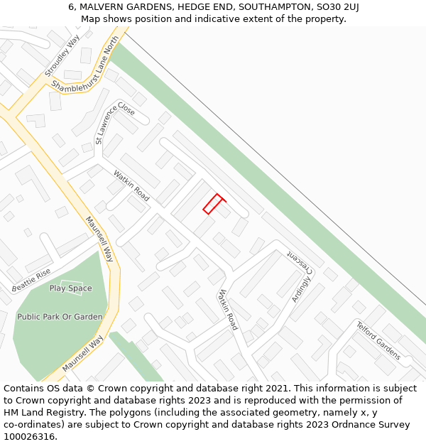 6, MALVERN GARDENS, HEDGE END, SOUTHAMPTON, SO30 2UJ: Location map and indicative extent of plot