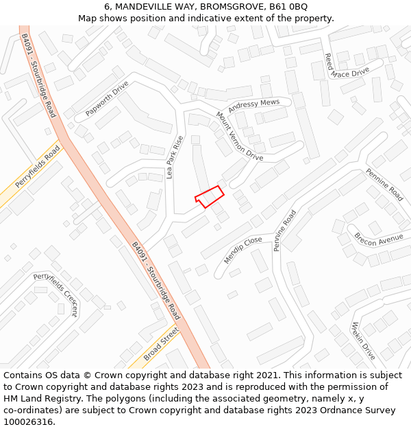 6, MANDEVILLE WAY, BROMSGROVE, B61 0BQ: Location map and indicative extent of plot