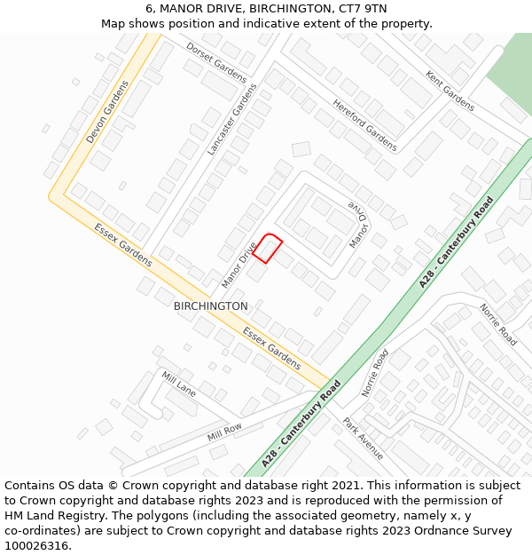 6, MANOR DRIVE, BIRCHINGTON, CT7 9TN: Location map and indicative extent of plot