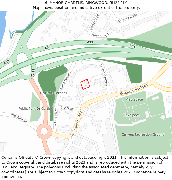 6, MANOR GARDENS, RINGWOOD, BH24 1LY: Location map and indicative extent of plot