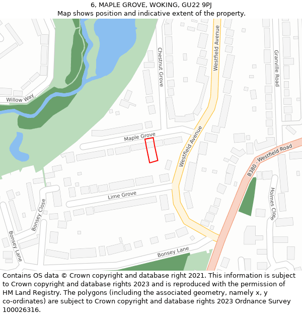 6, MAPLE GROVE, WOKING, GU22 9PJ: Location map and indicative extent of plot