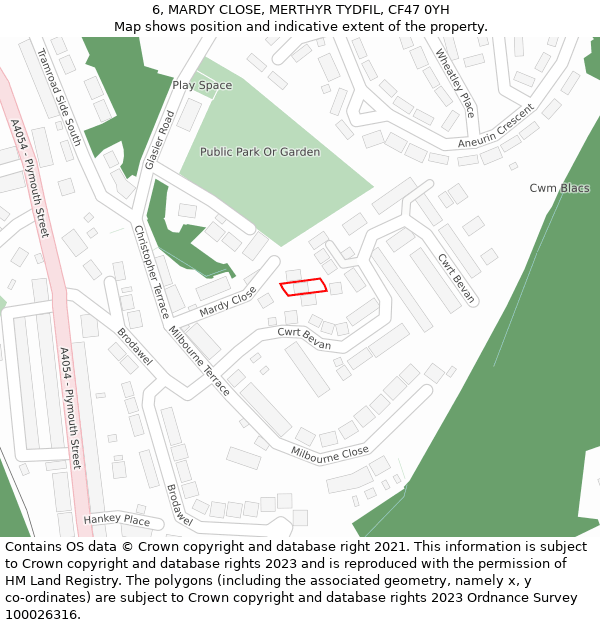 6, MARDY CLOSE, MERTHYR TYDFIL, CF47 0YH: Location map and indicative extent of plot