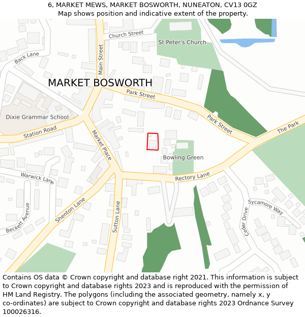6, MARKET MEWS, MARKET BOSWORTH, NUNEATON, CV13 0GZ: Location map and indicative extent of plot