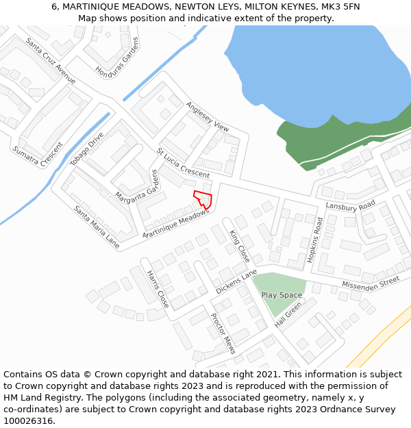 6, MARTINIQUE MEADOWS, NEWTON LEYS, MILTON KEYNES, MK3 5FN: Location map and indicative extent of plot