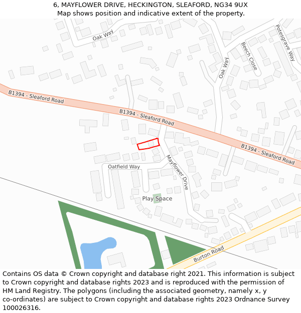 6, MAYFLOWER DRIVE, HECKINGTON, SLEAFORD, NG34 9UX: Location map and indicative extent of plot