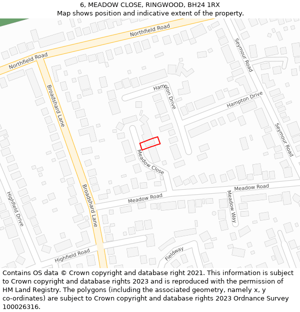 6, MEADOW CLOSE, RINGWOOD, BH24 1RX: Location map and indicative extent of plot