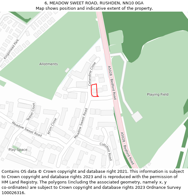 6, MEADOW SWEET ROAD, RUSHDEN, NN10 0GA: Location map and indicative extent of plot