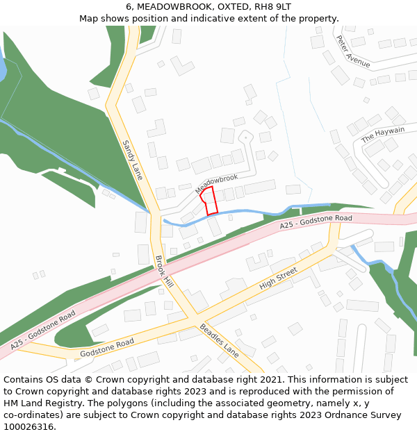 6, MEADOWBROOK, OXTED, RH8 9LT: Location map and indicative extent of plot