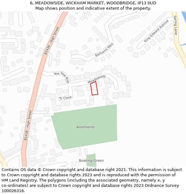 6, MEADOWSIDE, WICKHAM MARKET, WOODBRIDGE, IP13 0UD: Location map and indicative extent of plot