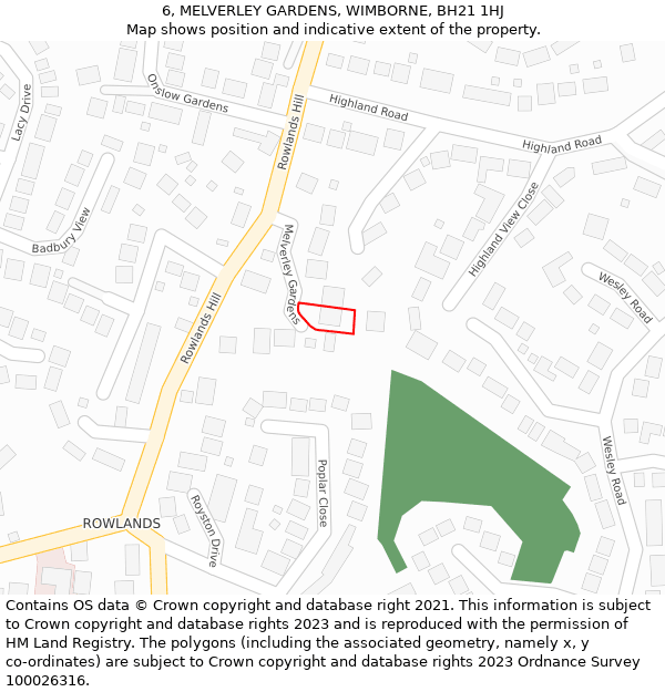 6, MELVERLEY GARDENS, WIMBORNE, BH21 1HJ: Location map and indicative extent of plot