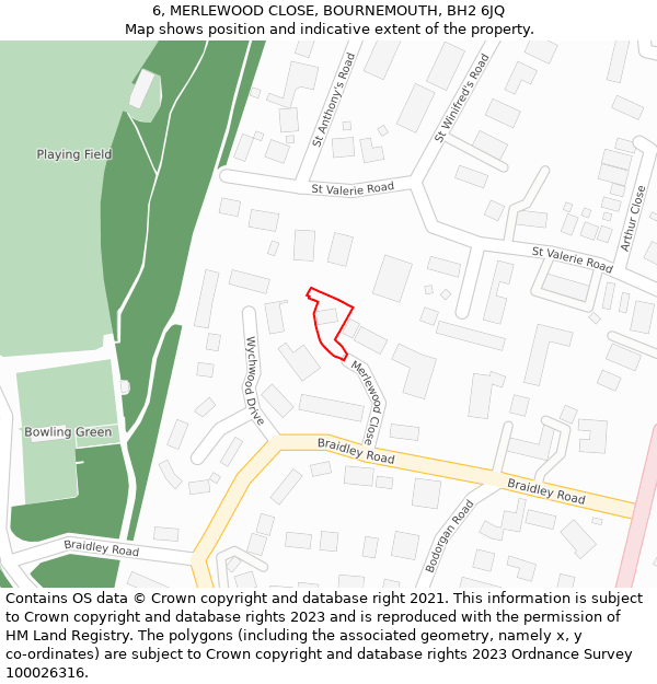 6, MERLEWOOD CLOSE, BOURNEMOUTH, BH2 6JQ: Location map and indicative extent of plot