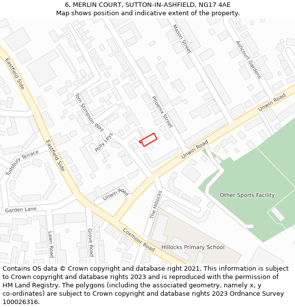 6, MERLIN COURT, SUTTON-IN-ASHFIELD, NG17 4AE: Location map and indicative extent of plot