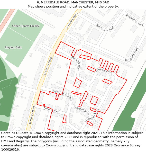 6, MERRIDALE ROAD, MANCHESTER, M40 0AD: Location map and indicative extent of plot