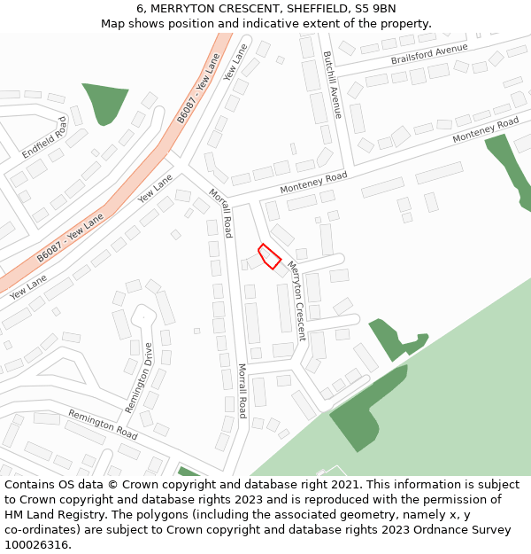 6, MERRYTON CRESCENT, SHEFFIELD, S5 9BN: Location map and indicative extent of plot
