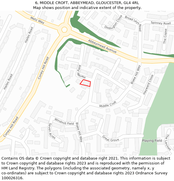 6, MIDDLE CROFT, ABBEYMEAD, GLOUCESTER, GL4 4RL: Location map and indicative extent of plot