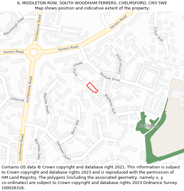 6, MIDDLETON ROW, SOUTH WOODHAM FERRERS, CHELMSFORD, CM3 5WE: Location map and indicative extent of plot