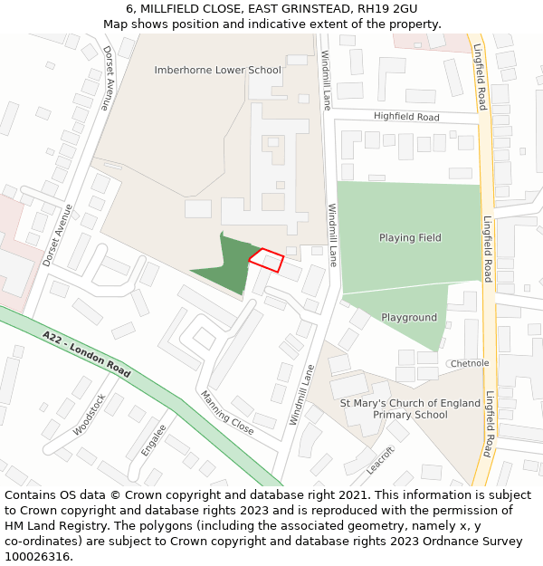 6, MILLFIELD CLOSE, EAST GRINSTEAD, RH19 2GU: Location map and indicative extent of plot