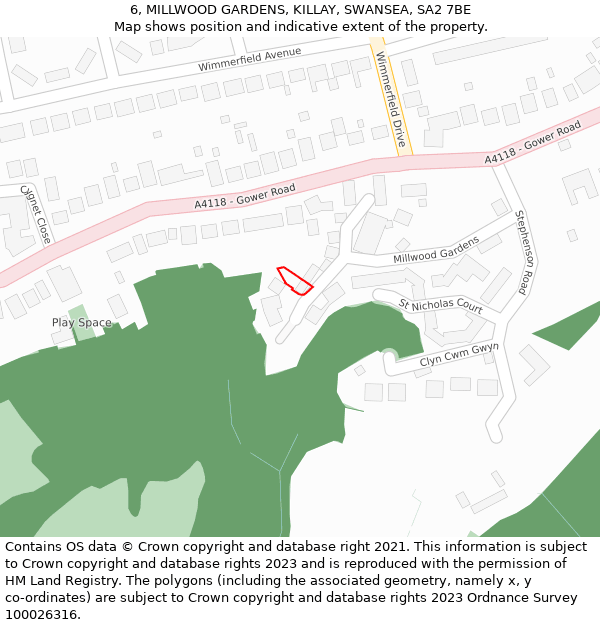 6, MILLWOOD GARDENS, KILLAY, SWANSEA, SA2 7BE: Location map and indicative extent of plot