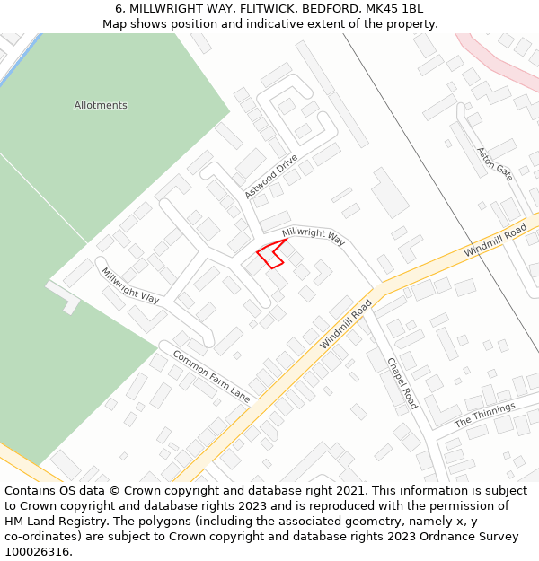 6, MILLWRIGHT WAY, FLITWICK, BEDFORD, MK45 1BL: Location map and indicative extent of plot