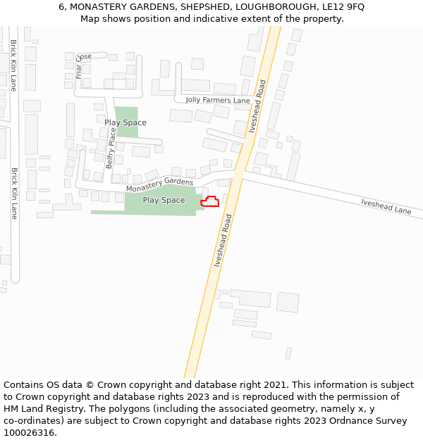 6, MONASTERY GARDENS, SHEPSHED, LOUGHBOROUGH, LE12 9FQ: Location map and indicative extent of plot