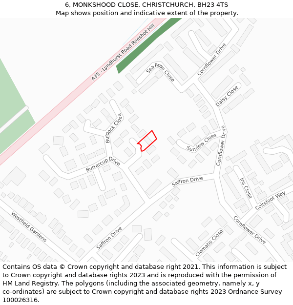 6, MONKSHOOD CLOSE, CHRISTCHURCH, BH23 4TS: Location map and indicative extent of plot