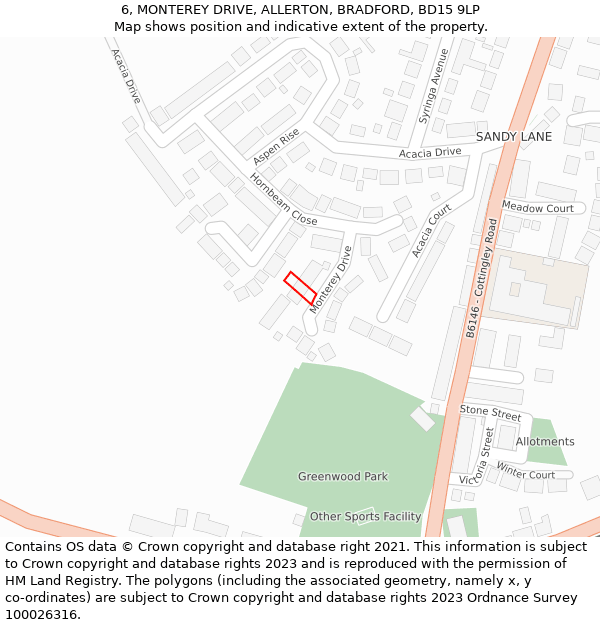6, MONTEREY DRIVE, ALLERTON, BRADFORD, BD15 9LP: Location map and indicative extent of plot