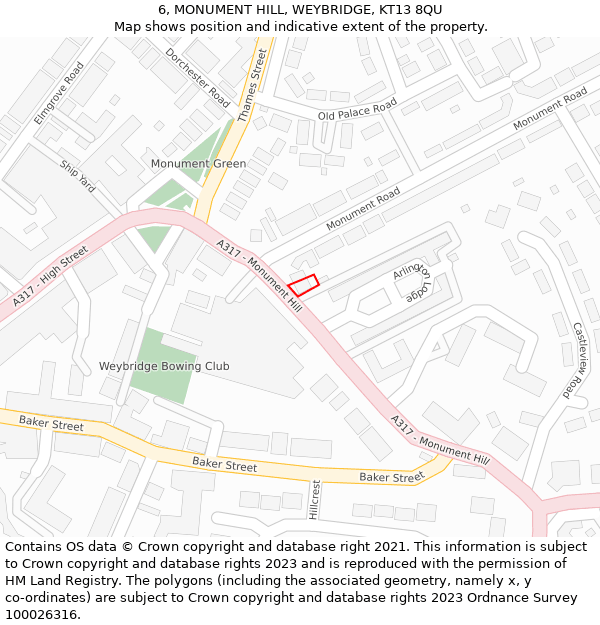 6, MONUMENT HILL, WEYBRIDGE, KT13 8QU: Location map and indicative extent of plot