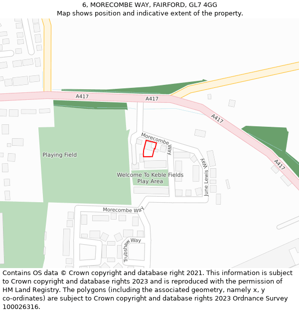 6, MORECOMBE WAY, FAIRFORD, GL7 4GG: Location map and indicative extent of plot