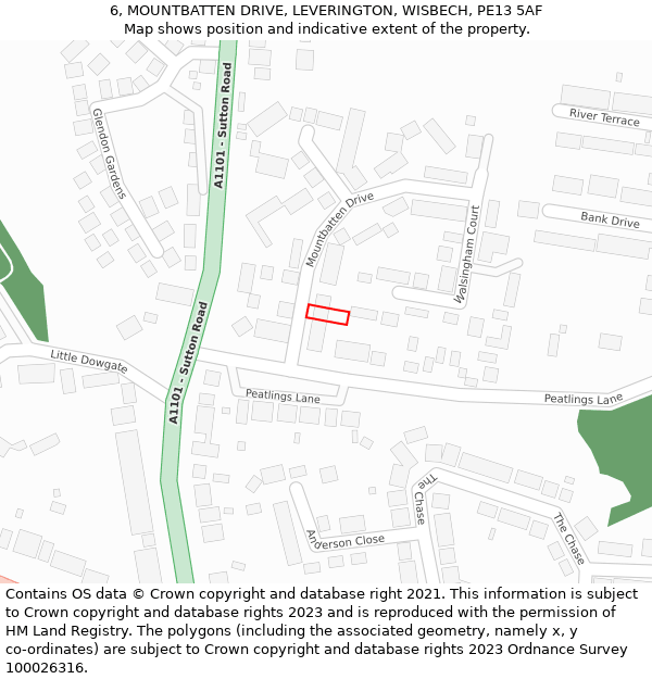 6, MOUNTBATTEN DRIVE, LEVERINGTON, WISBECH, PE13 5AF: Location map and indicative extent of plot