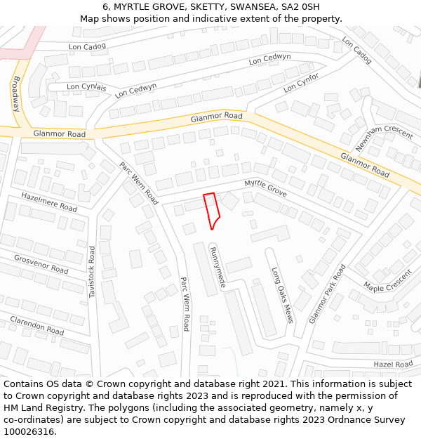 6, MYRTLE GROVE, SKETTY, SWANSEA, SA2 0SH: Location map and indicative extent of plot