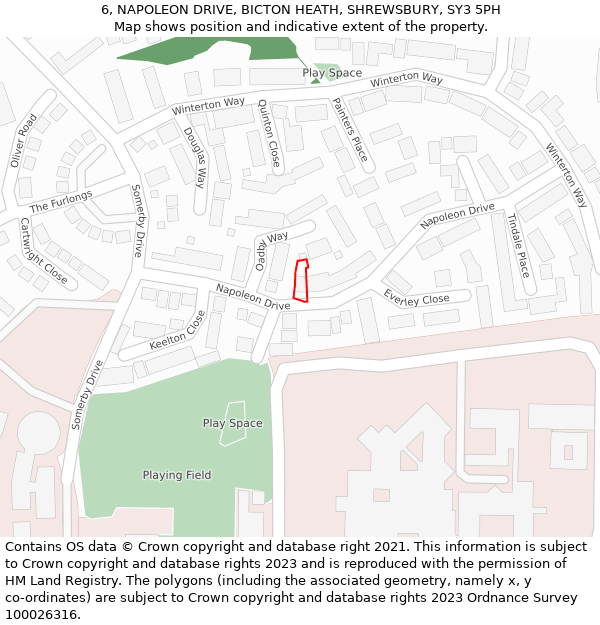 6, NAPOLEON DRIVE, BICTON HEATH, SHREWSBURY, SY3 5PH: Location map and indicative extent of plot